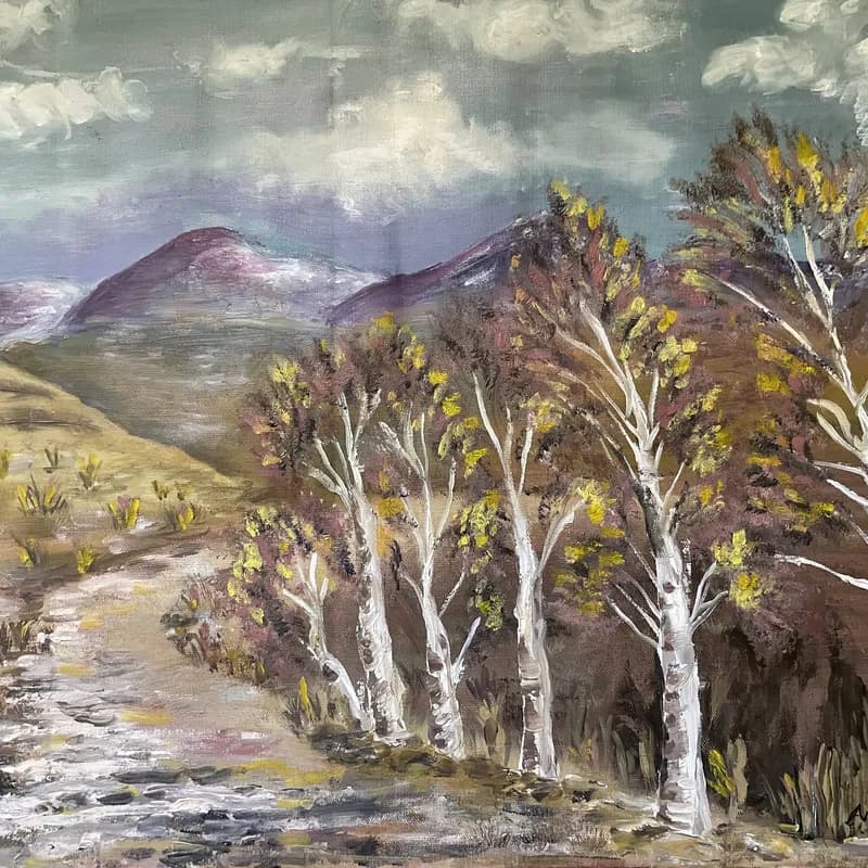 Autumn landscape painting with golden poplar trees lining a stream, purple mountains in background