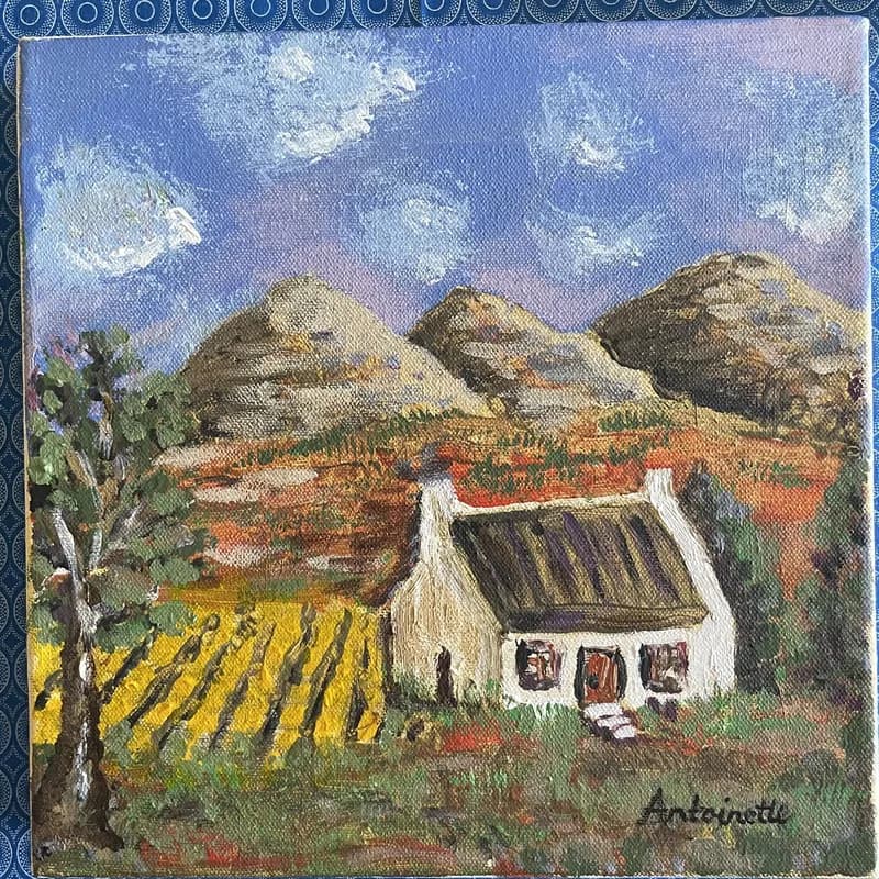 Painting of Cape Dutch cottage with vineyards and mountains in background