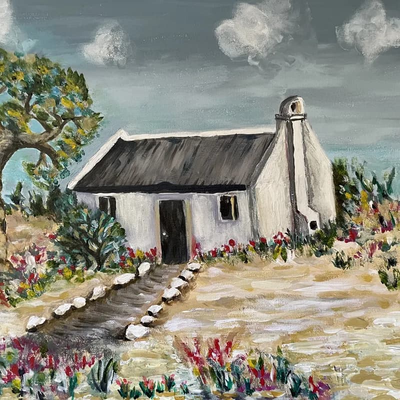 Painting of a white Cape Dutch cottage with thatched-style roof, stone pathway, and colourful fynbos garden
