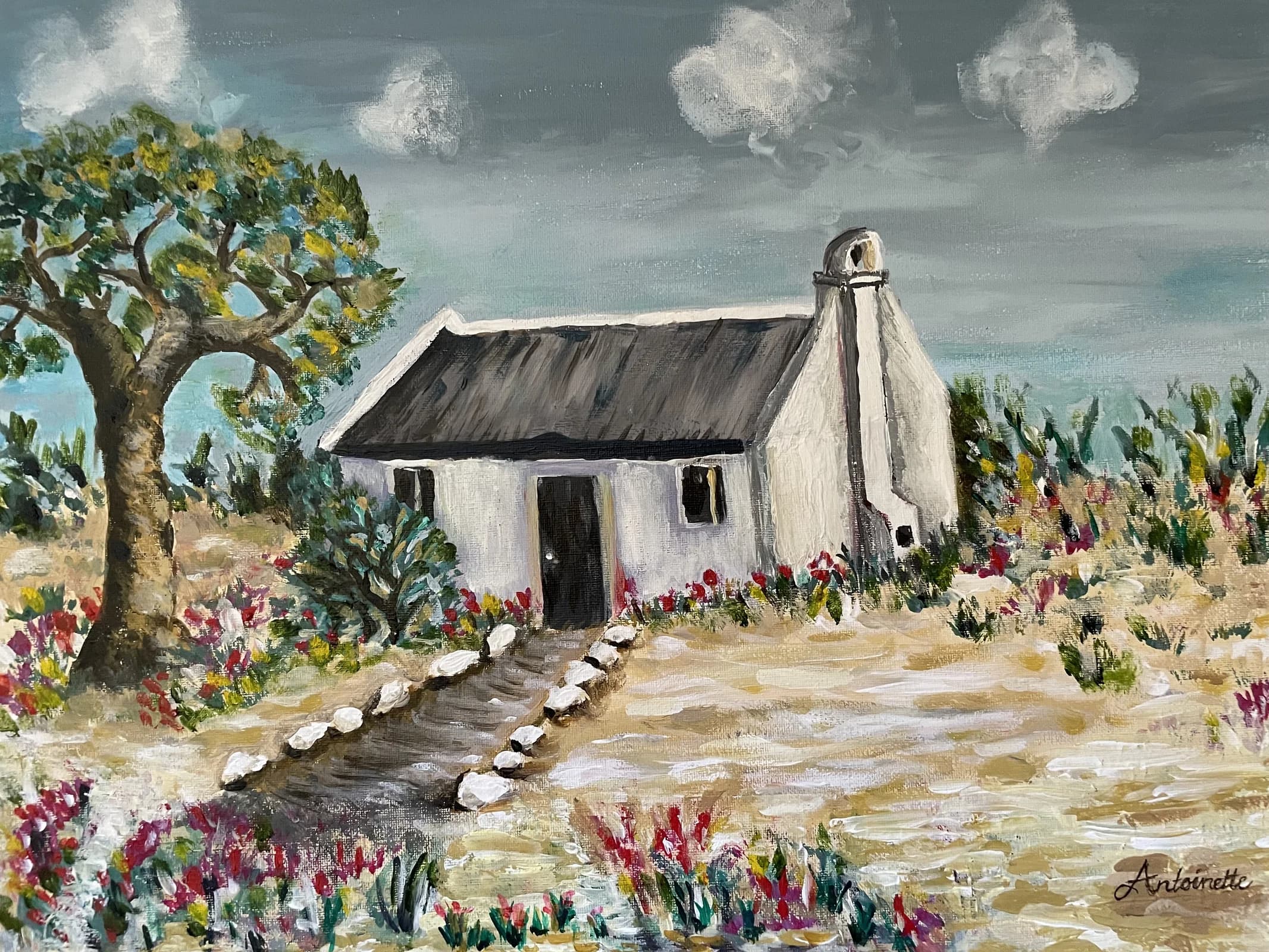 Cape Dutch Cottage with Fynbos - an example of Antoinette's architectural paintings