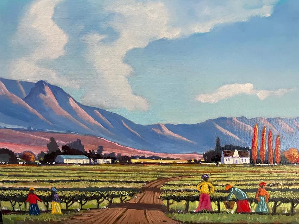 Painting of workers harvesting grapes in vineyard rows with Cape Dutch homestead, poplars, and mountains