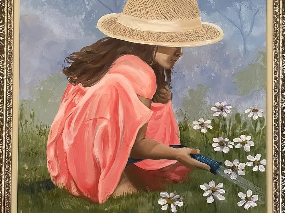 Painting of a young girl in coral pink dress and straw hat picking white daisies in a meadow