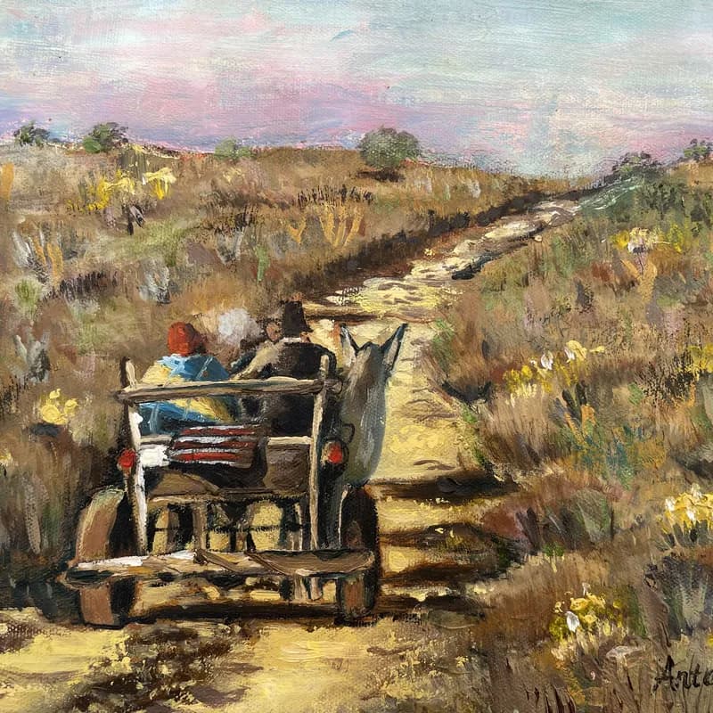 Painting of a donkey cart on a dirt road through the Karoo with yellow flowers and pink sky