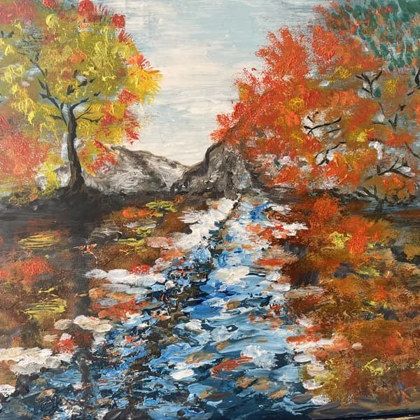 Painting of a stream flowing through brilliant orange and red autumn trees in the Catskill Mountains