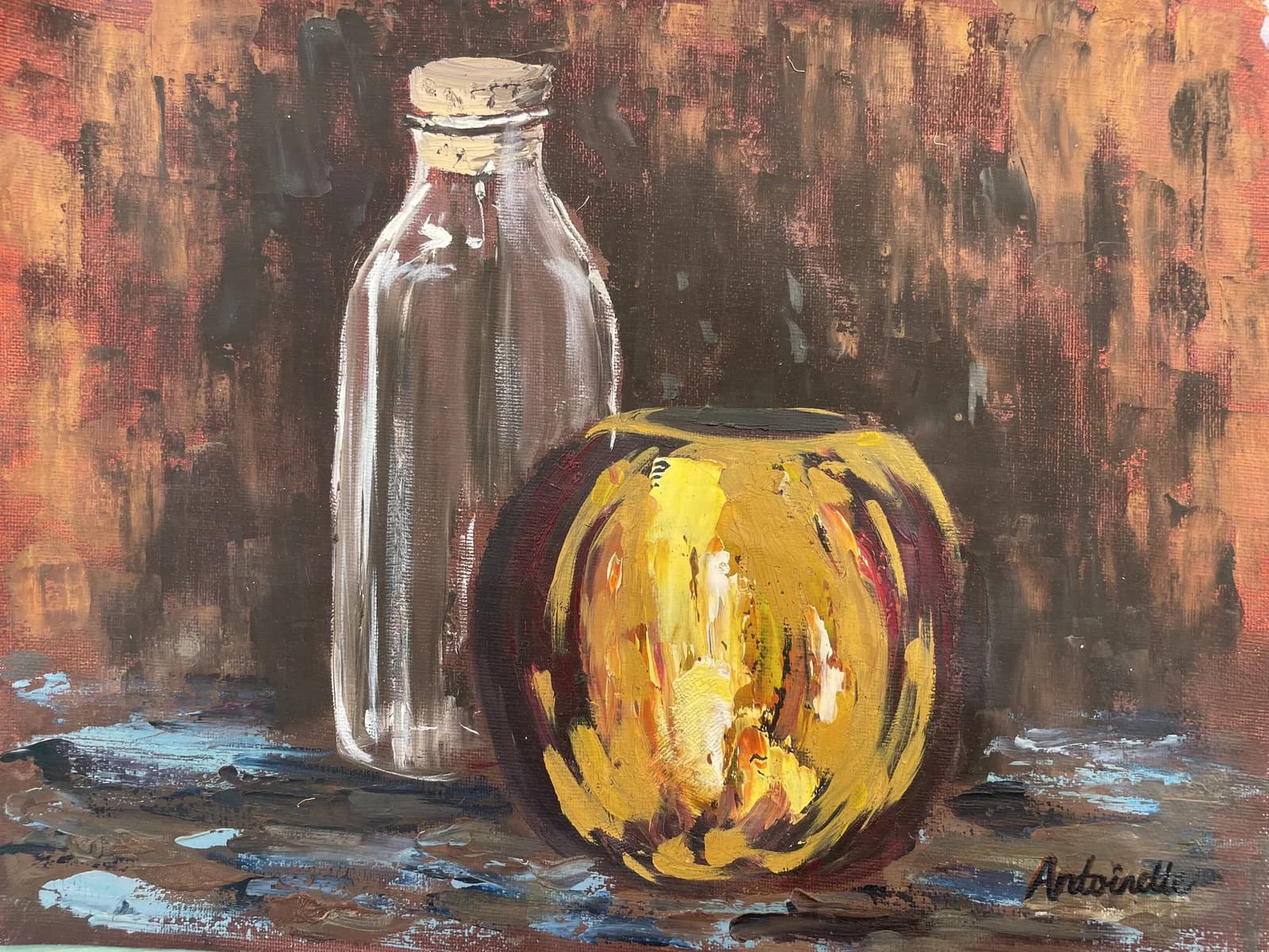 Still life oil painting of a clear glass bottle next to a brass jar against brown textured background