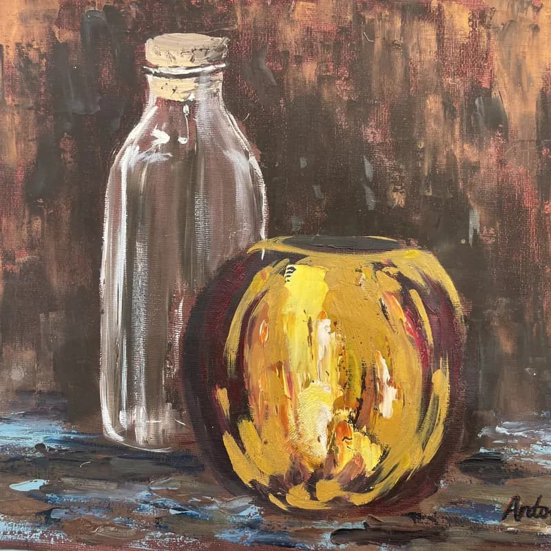 Still life oil painting of a clear glass bottle next to a golden apple against brown textured background