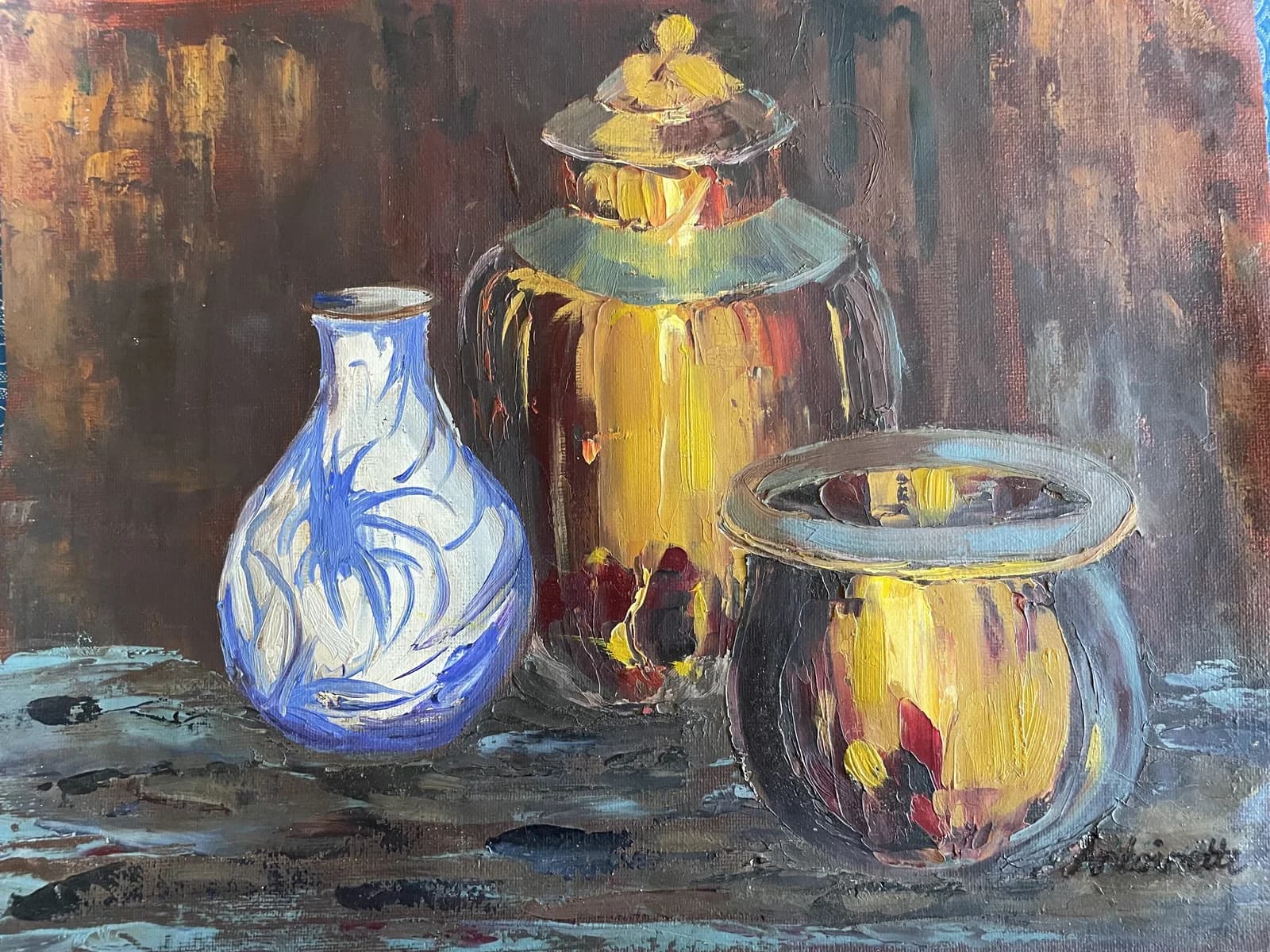 Oil painting of brass containers and blue ceramic vase arranged as still life against brown background