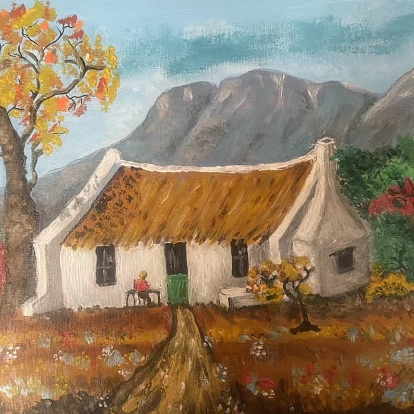 Painting of a white Cape Dutch cottage with thatch roof surrounded by autumn trees and mountains