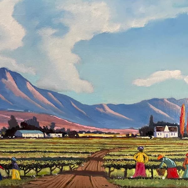 Painting of workers harvesting grapes in vineyard rows with Cape Dutch homestead, poplars, and mountains