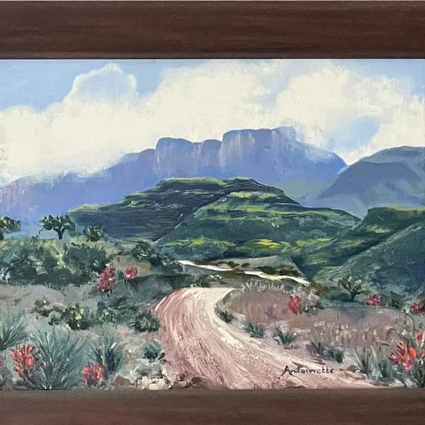 Painting of a winding dirt road through fynbos with red proteas and dramatic mountains