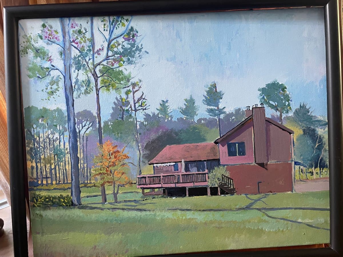 Completed framed painting of upstate New York cabin