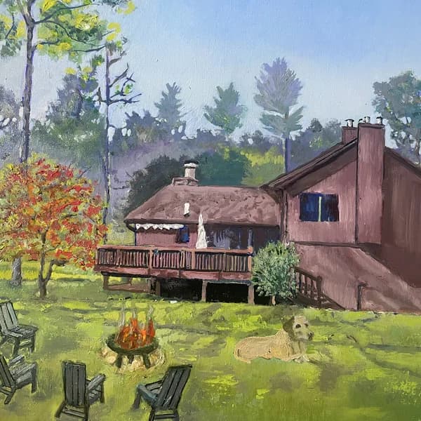 Painting of a red cabin among pine trees with Adirondack chairs around a fire pit and a golden dog